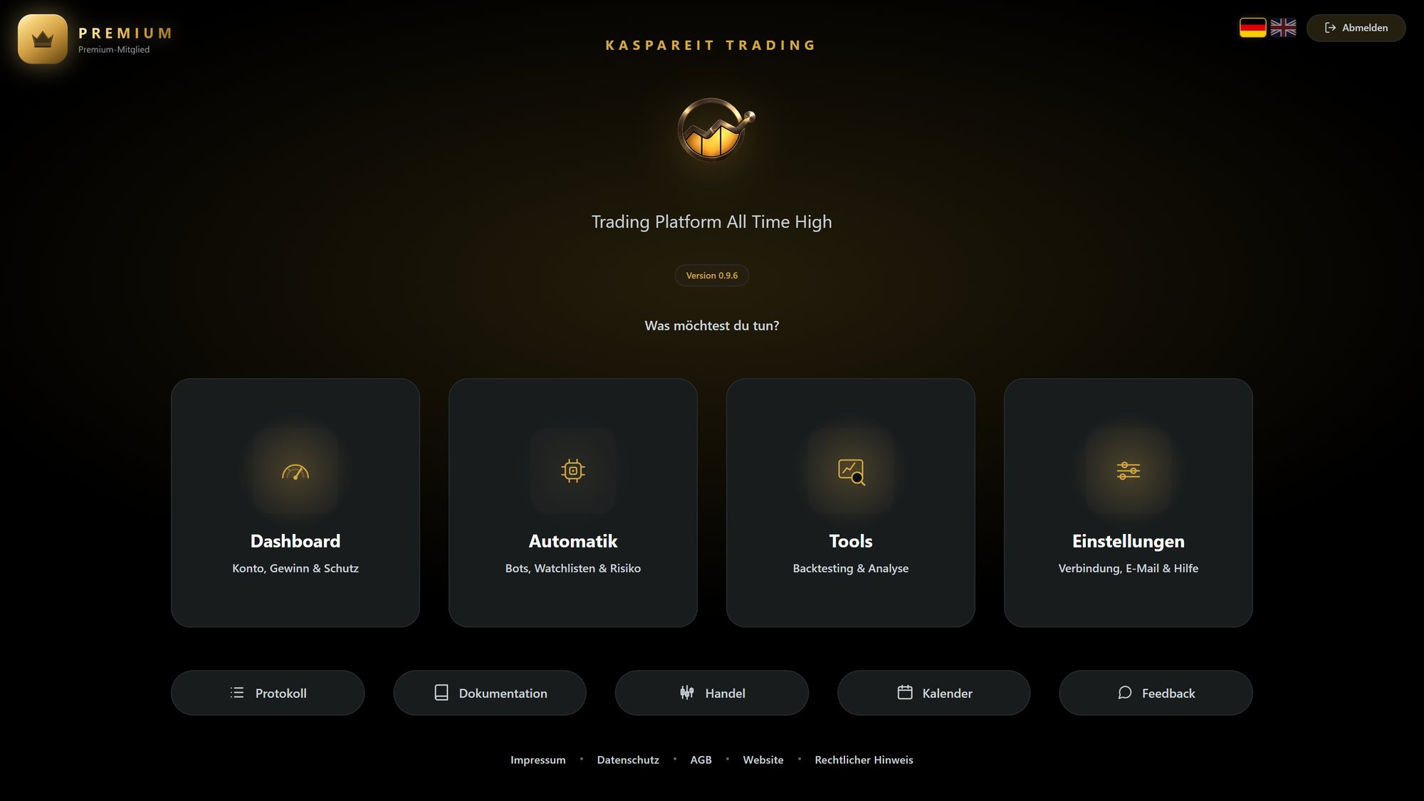 Startbildschirm von All Time High mit Dashboard, Automatik, Tools und Einstellungen